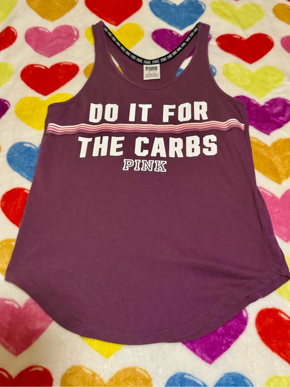 PINK Victoria's Secret mauve Purple Graphic Racerback Tank - White Print